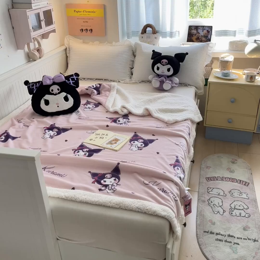 91家纺网 家纺一手货源 找家纺 桃子家居 2025新款A类三丽鸥正版授权少女可爱卡通加厚牛奶绒羊羔绒毛毯多功能四季毛毯 绒毛毯-MT三丽鸥粉梦库洛米