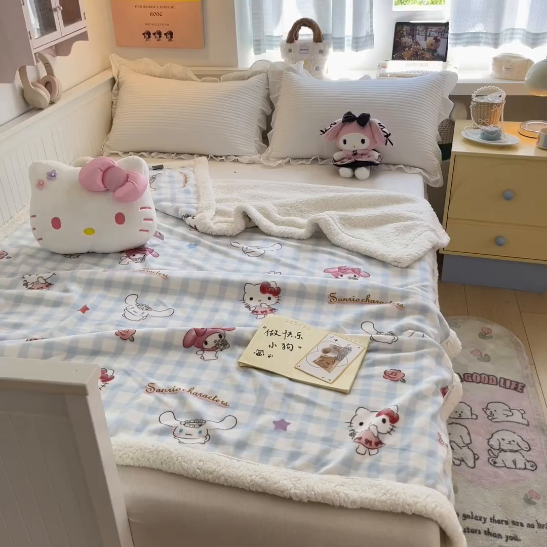 91家纺网 家纺一手货源 找家纺 桃子家居 2025新款A类三丽鸥正版授权少女可爱卡通加厚牛奶绒羊羔绒毛毯多功能四季毛毯 绒毛毯-MT三丽鸥梦幻甜心