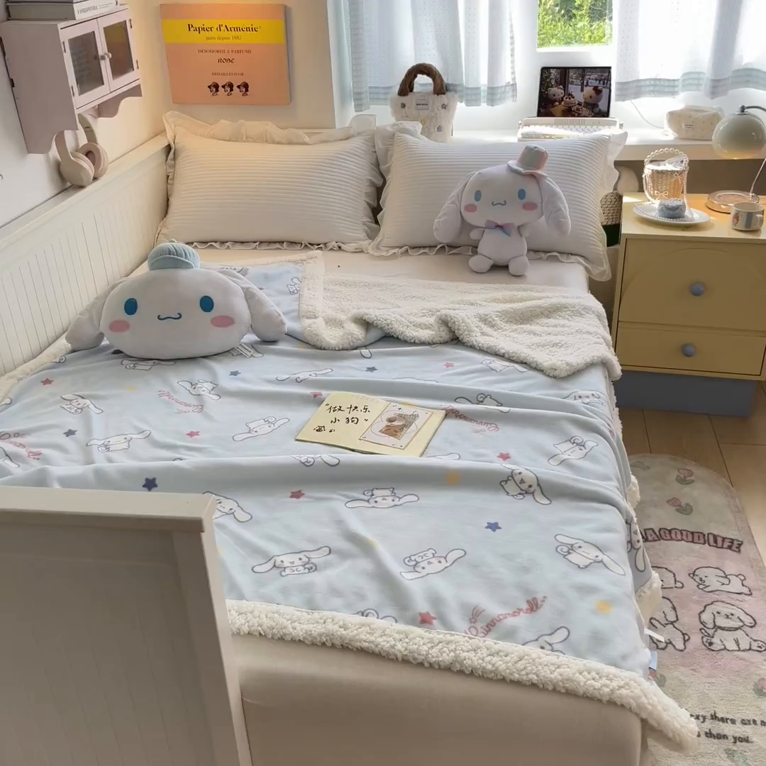 91家纺网 家纺一手货源 找家纺 桃子家居 2025新款A类三丽鸥正版授权少女可爱卡通加厚牛奶绒羊羔绒毛毯多功能四季毛毯 绒毛毯-MT三丽鸥迷你大耳狗