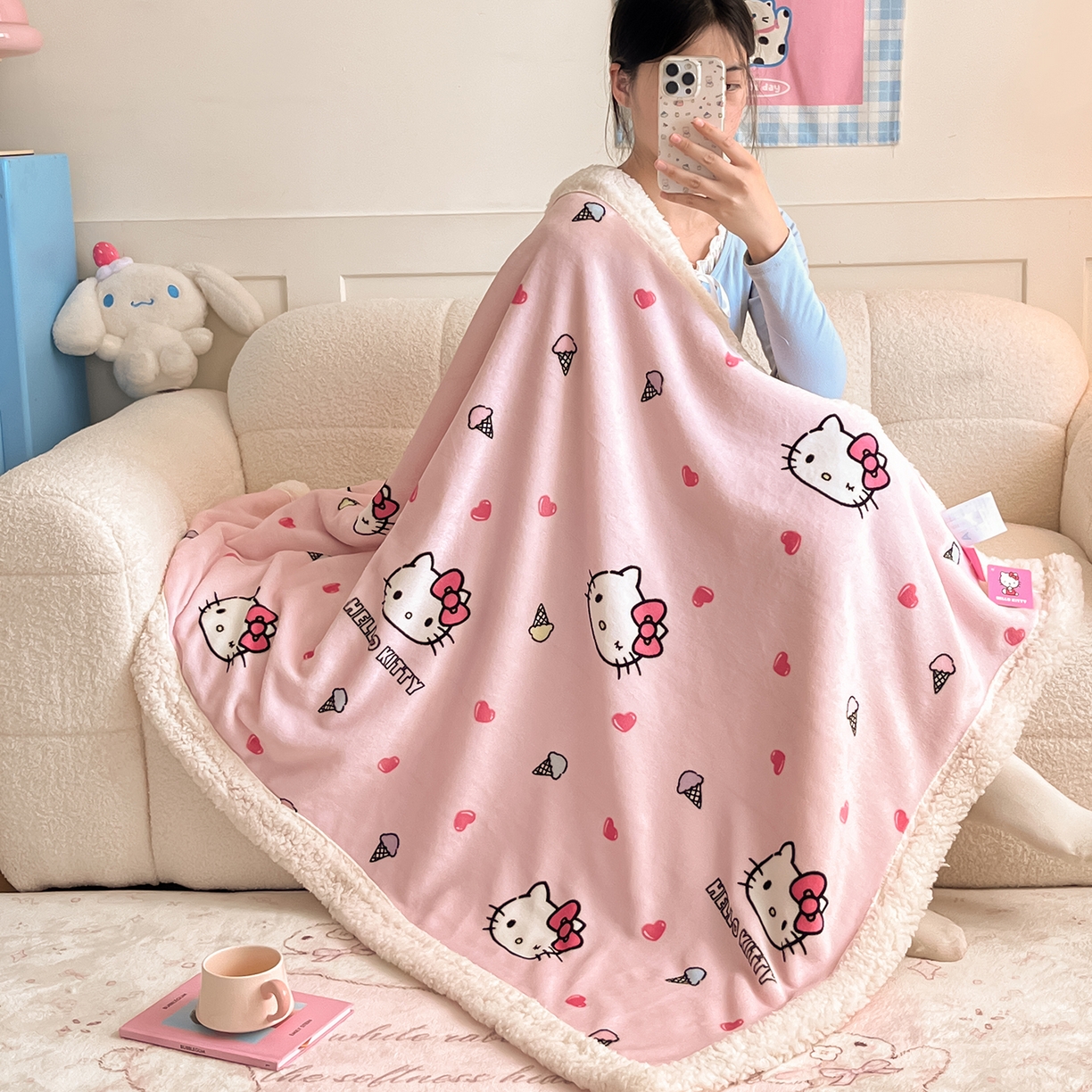 桃子家居 2025新款A类三丽鸥正版授权少女可爱卡通加厚牛奶绒羊羔绒毛毯多功能四季毛毯 绒毛毯-MT三丽鸥甜筒KT粉