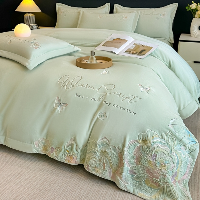 锦铭源家纺 2025新款75D全消光超柔樱花绒绣花四件套牛奶绒四件套【有买家秀】 花颜-浅绿