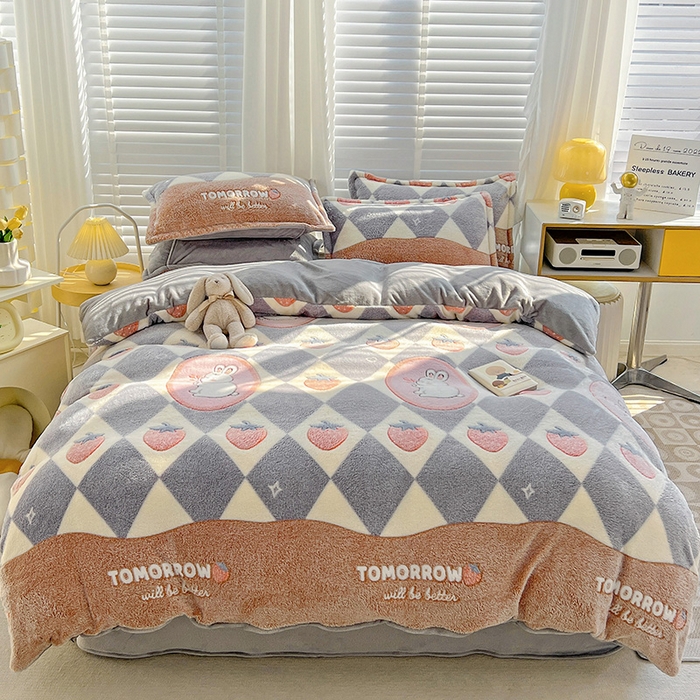 居易简 2025秋冬新品立体雪花绒单被套牛奶绒法莱绒雕花绒兔毛卡通四件套学生季四件套 幸运兔