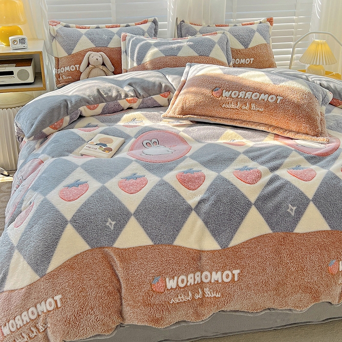 91家纺网 家纺一手货源 找家纺 居易简 2025秋冬新品立体雪花绒单被套牛奶绒法莱绒雕花绒兔毛卡通四件套学生季四件套 幸运兔