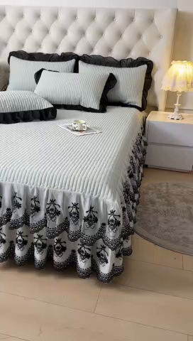 91家纺网 家纺一手货源 找家纺 鼎丰家纺 2025新款皱皱纱双层花边夹棉床裙单床裙床裙单品-梦想系列 梦想-嫩绿