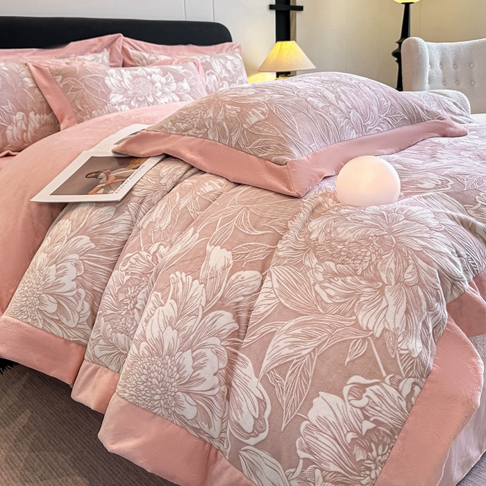 91家纺网 家纺一手货源 找家纺 （总）锦铭源家纺 2025新款烂花75D全消光超柔樱花绒牛奶绒四件套拼角四件套【有买家秀】