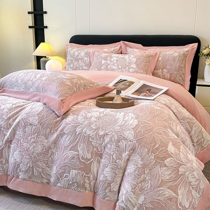 91家纺网 家纺一手货源 找家纺 （总）锦铭源家纺 2025新款烂花75D全消光超柔樱花绒牛奶绒四件套拼角四件套【有买家秀】