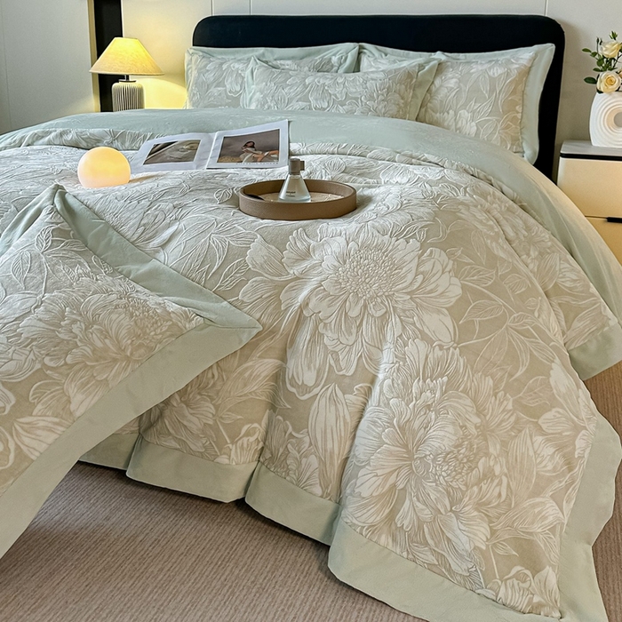 锦铭源家纺 2025新款烂花75D全消光超柔樱花绒牛奶绒四件套拼角四件套【有买家秀】 繁花织梦-灰绿