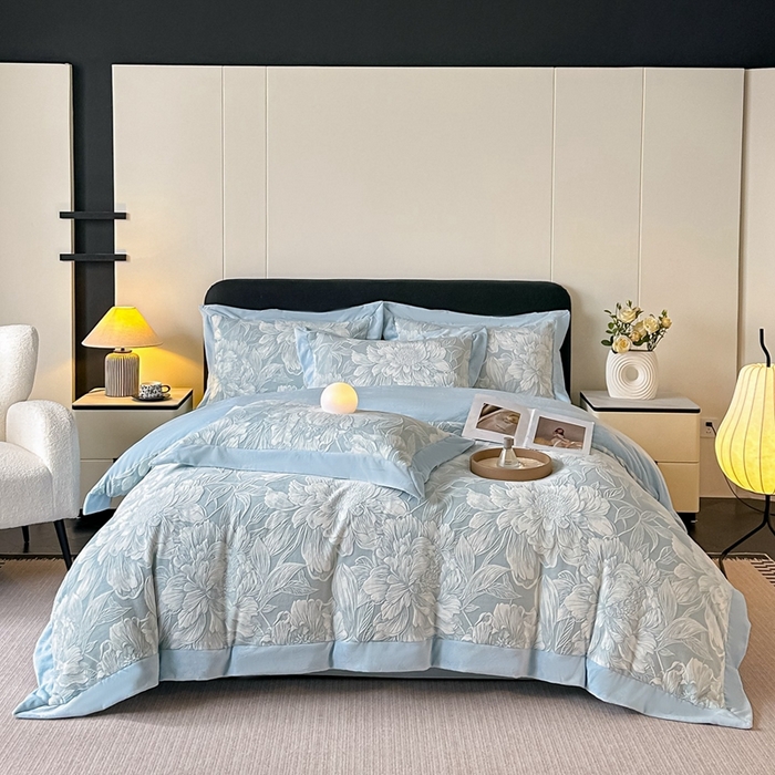 91家纺网 家纺一手货源 找家纺 锦铭源家纺 2025新款烂花75D全消光超柔樱花绒牛奶绒四件套拼角四件套【有买家秀】 繁花织梦-蓝