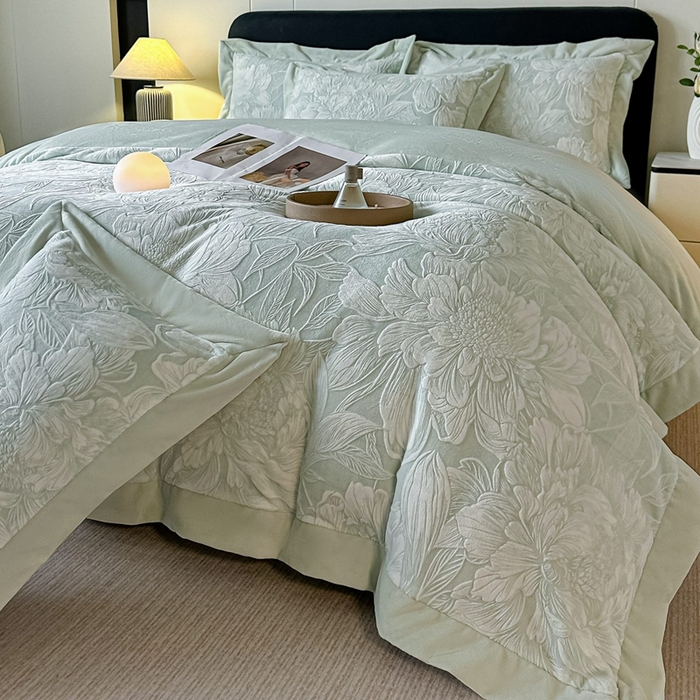 锦铭源家纺 2025新款烂花75D全消光超柔樱花绒牛奶绒四件套拼角四件套【有买家秀】 繁花织梦-浅绿