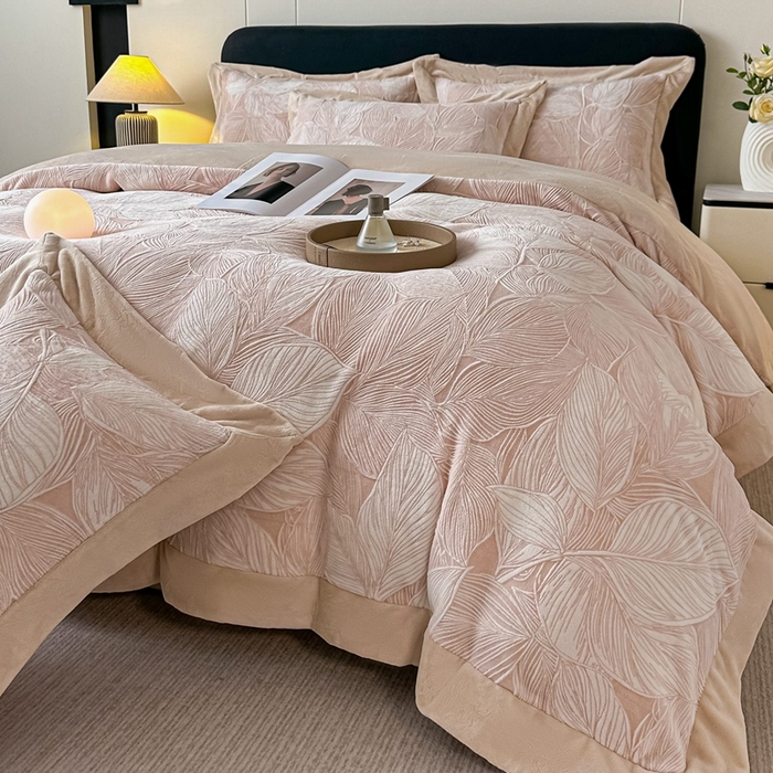 锦铭源家纺 2025新款烂花75D全消光超柔樱花绒牛奶绒四件套拼角四件套【有买家秀】 叶影摇风-咖