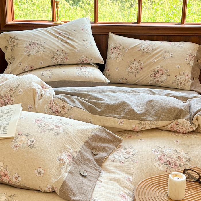 91家纺网 家纺一手货源 找家纺 爱彼家纺 2025新款亲肤舒适原麻亚麻水洗棉四件套-纽扣款 镜花水月