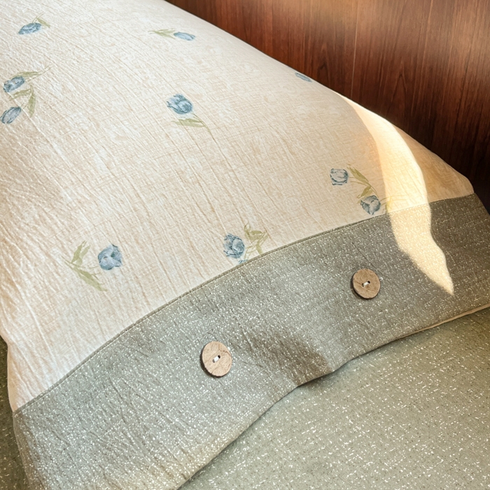 91家纺网 家纺一手货源 找家纺 爱彼家纺 2025新款亲肤舒适原麻亚麻水洗棉四件套-纽扣款 暗香浮动