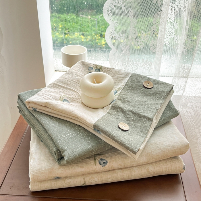 91家纺网 家纺一手货源 找家纺 爱彼家纺 2025新款亲肤舒适原麻亚麻水洗棉四件套-纽扣款 暗香浮动