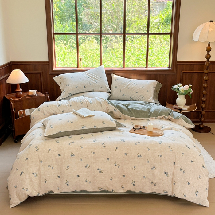 91家纺网 家纺一手货源 找家纺 爱彼家纺 2025新款亲肤舒适原麻亚麻水洗棉四件套-纽扣款 暗香浮动