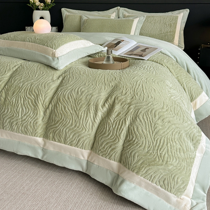 锦铭源家纺 2025新款雪貂绒烂花75D全消光超柔樱花绒双拼角四件套牛奶绒四件套【有买家秀】 轻奢-浅绿