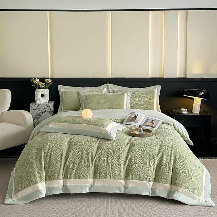91家纺网 家纺一手货源 找家纺 锦铭源家纺 2025新款雪貂绒烂花75D全消光超柔樱花绒双拼角四件套牛奶绒四件套【有买家秀】 轻奢-浅绿