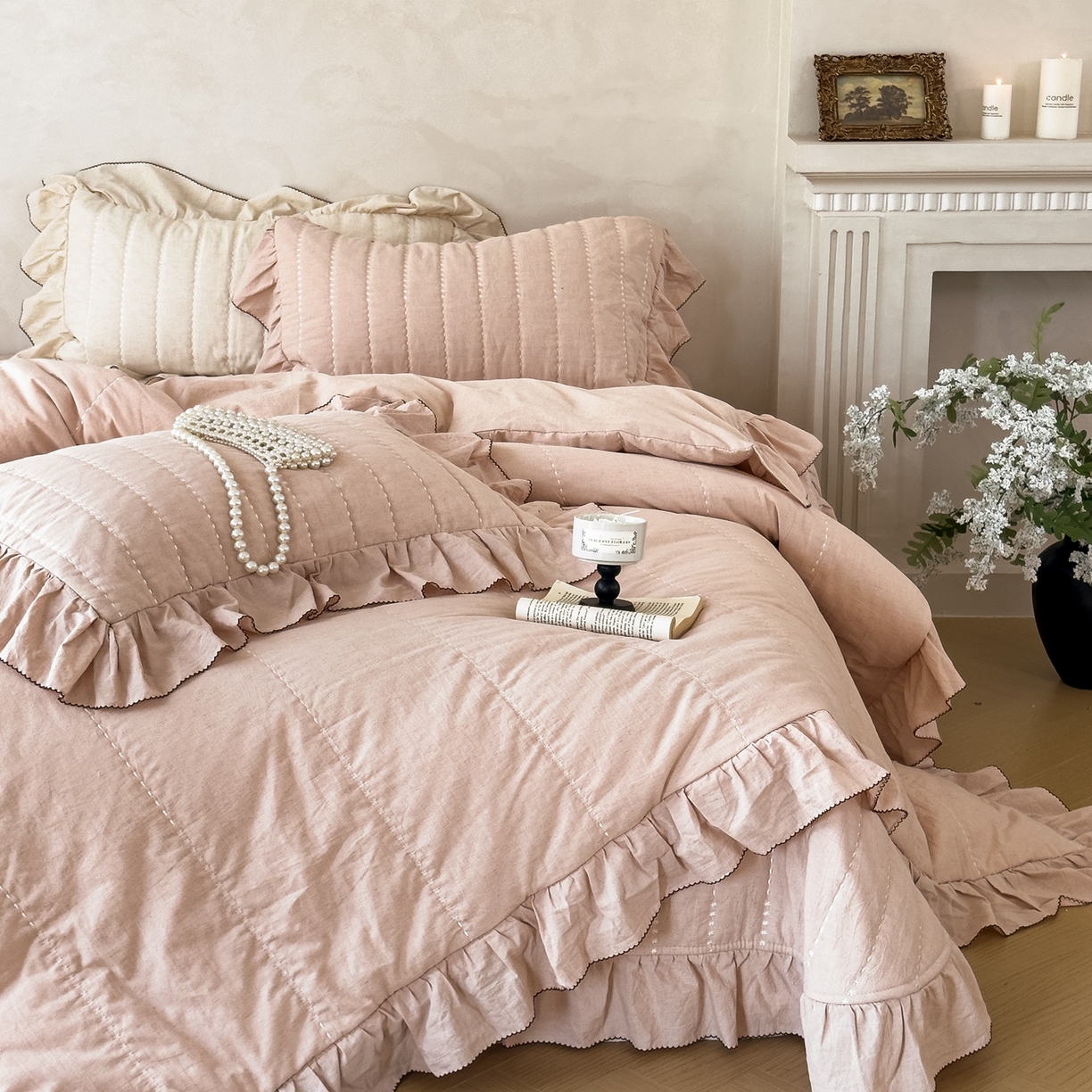 上喜 2025新款简约棉麻床盖夏被夏凉被空调被四件套 粉色