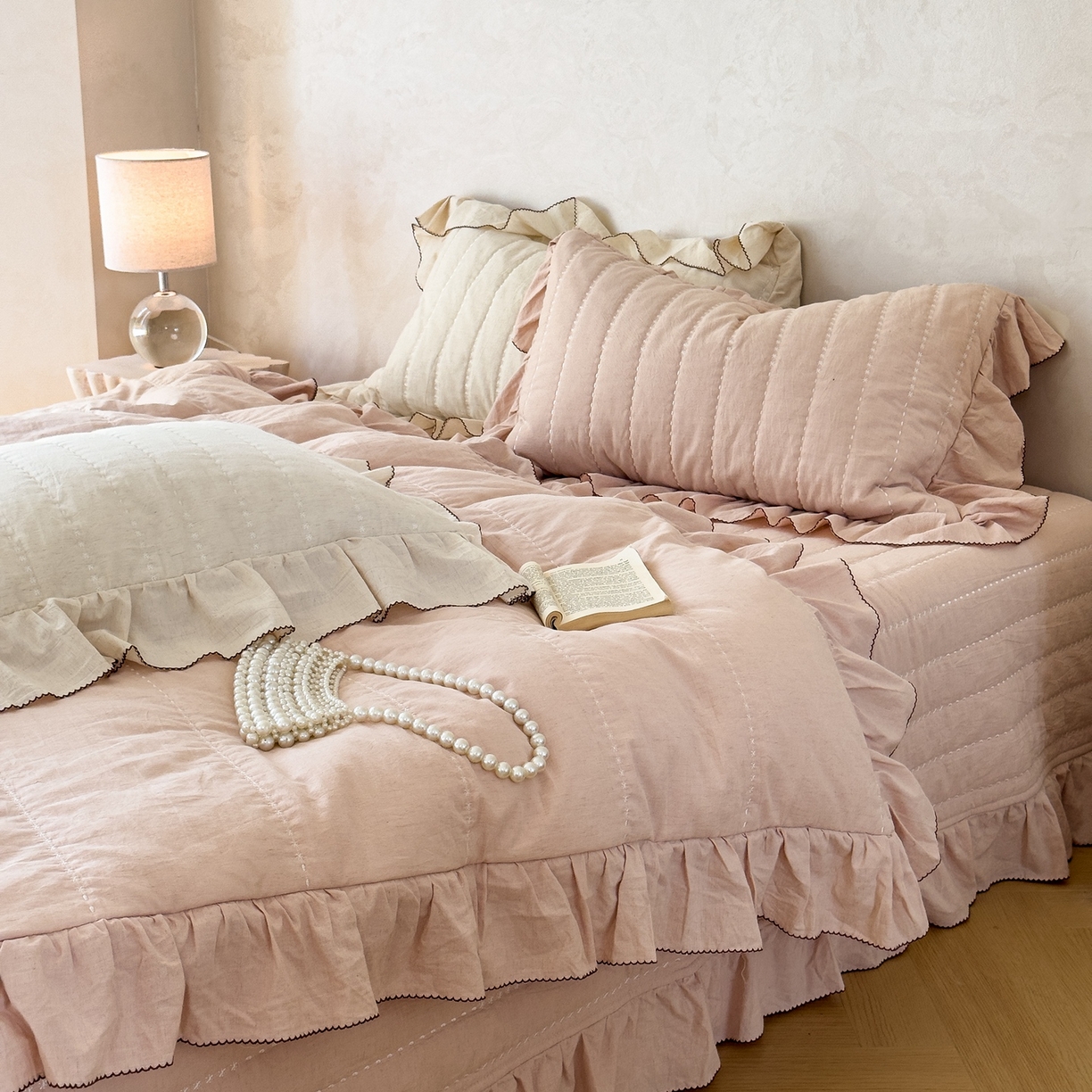 91家纺网 家纺一手货源 找家纺 上喜 2025新款简约棉麻床盖夏被夏凉被空调被四件套 粉色