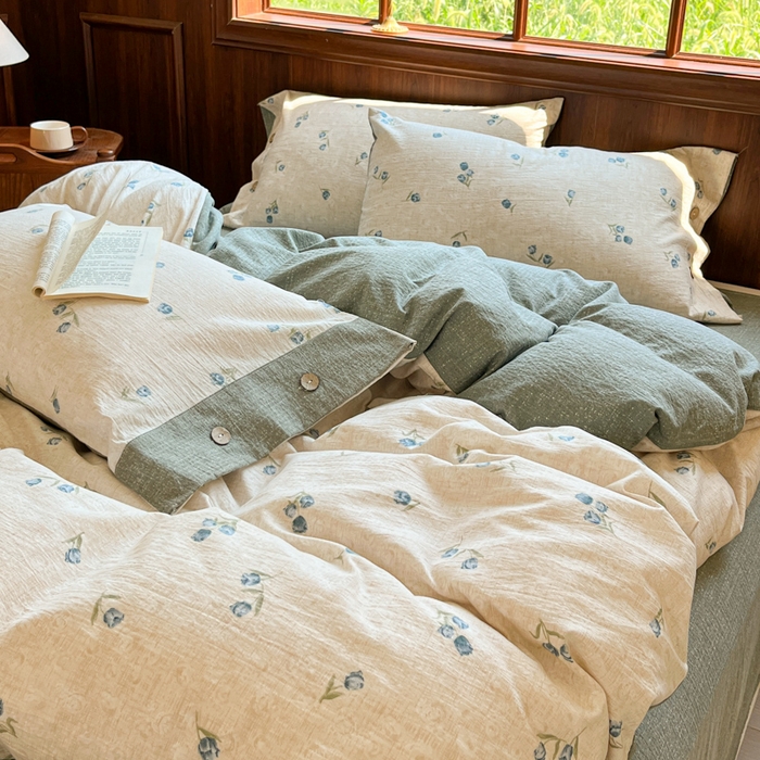 91家纺网 家纺一手货源 找家纺 爱彼家纺 2025新款亲肤舒适原麻亚麻水洗棉四件套-纽扣款 暗香浮动