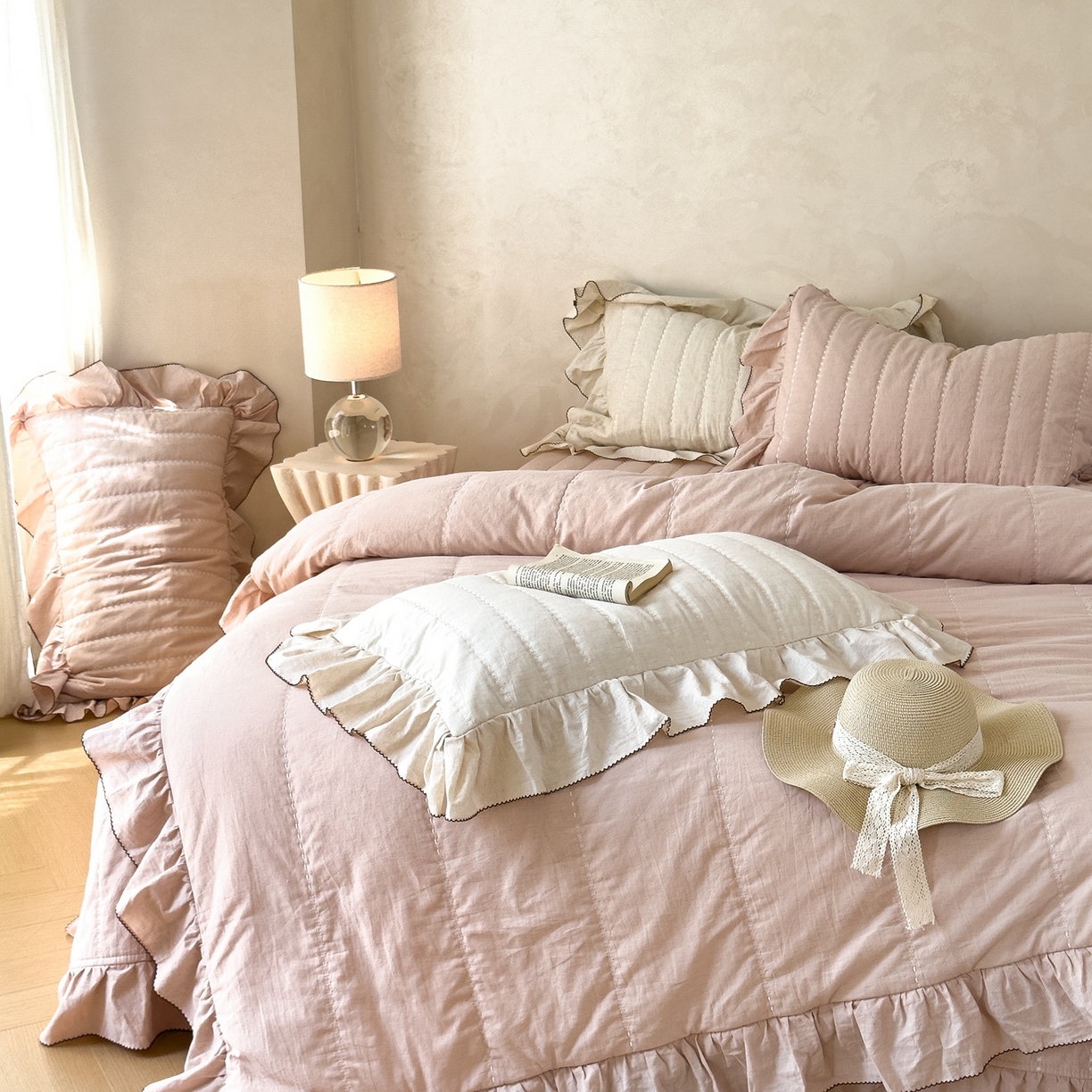 91家纺网 家纺一手货源 找家纺 上喜 2025新款简约棉麻床盖夏被夏凉被空调被四件套 粉色