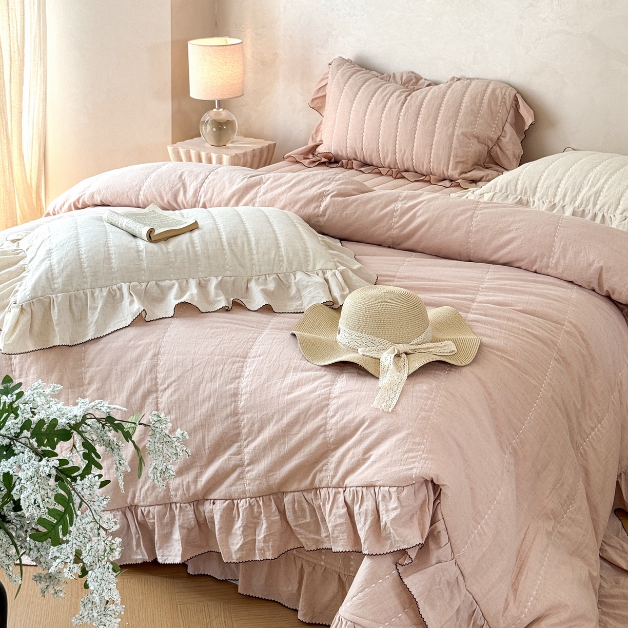 91家纺网 家纺一手货源 找家纺 上喜 2025新款简约棉麻床盖夏被夏凉被空调被四件套 粉色