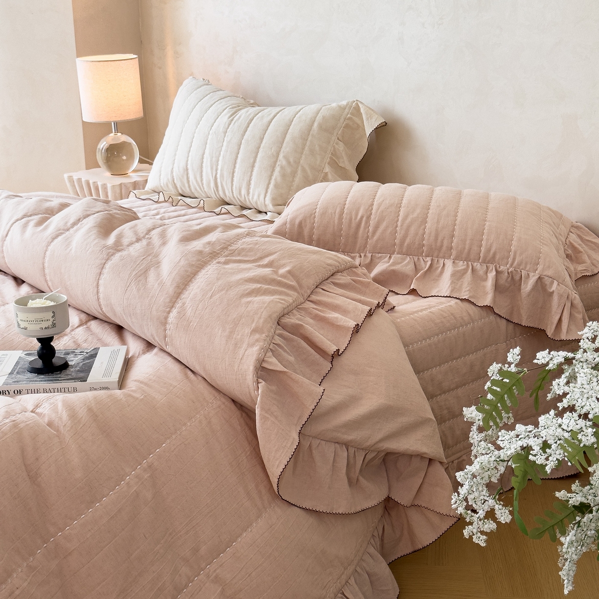 91家纺网 家纺一手货源 找家纺 上喜 2025新款简约棉麻床盖夏被夏凉被空调被四件套 粉色