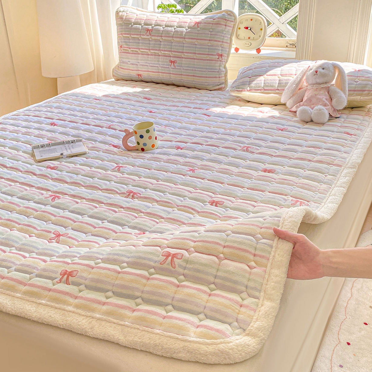 91家纺网 家纺一手货源 找家纺 眠势力 2025新款牛奶绒床垫加绒床褥子秋冬保暖珊瑚绒夹棉床护垫 彩虹旋律