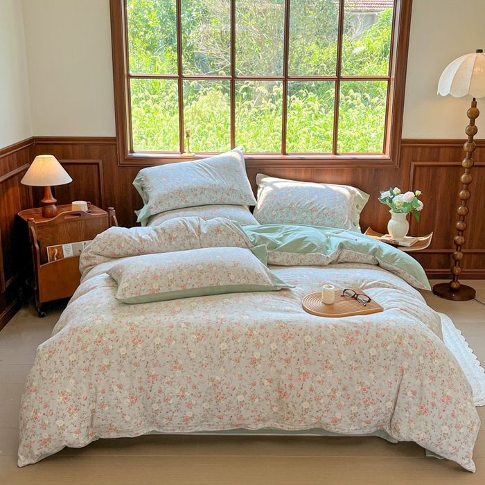 91家纺网 家纺一手货源 找家纺 爱彼家纺 2025新款亲肤舒适原麻亚麻水洗棉四件套-纽扣款 花似锦绿