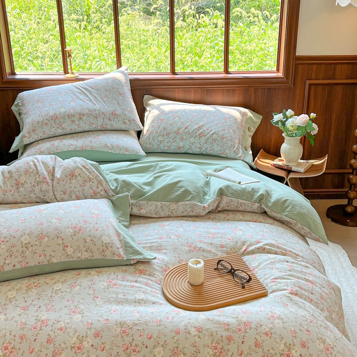 91家纺网 家纺一手货源 找家纺 爱彼家纺 2025新款亲肤舒适原麻亚麻水洗棉四件套-纽扣款 花似锦绿