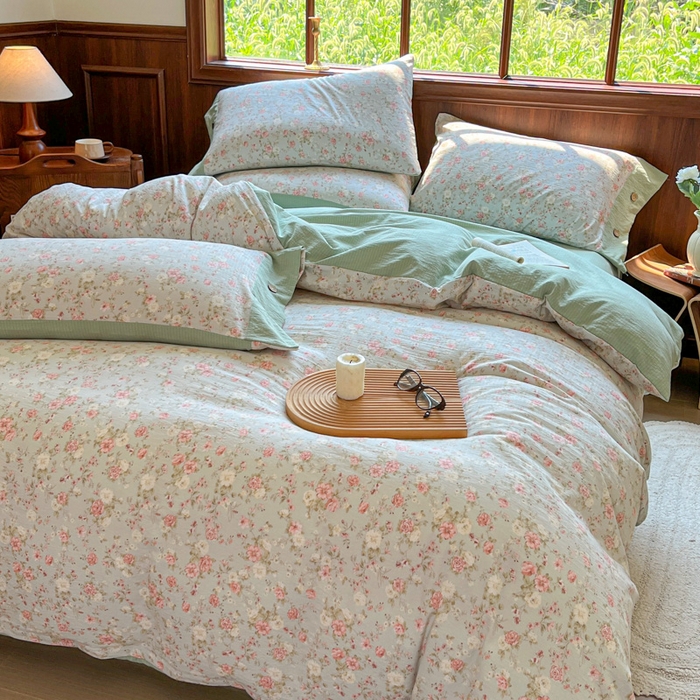 91家纺网 家纺一手货源 找家纺 爱彼家纺 2025新款亲肤舒适原麻亚麻水洗棉四件套-纽扣款 花似锦绿