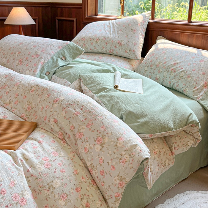 91家纺网 家纺一手货源 找家纺 爱彼家纺 2025新款亲肤舒适原麻亚麻水洗棉四件套-纽扣款 花似锦绿