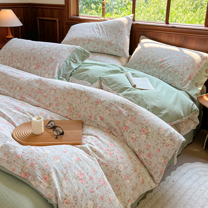 91家纺网 家纺一手货源 找家纺 爱彼家纺 2025新款亲肤舒适原麻亚麻水洗棉四件套-纽扣款 花似锦绿