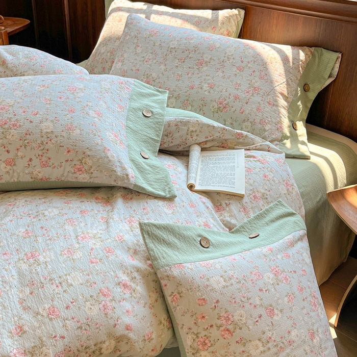 91家纺网 家纺一手货源 找家纺 爱彼家纺 2025新款亲肤舒适原麻亚麻水洗棉四件套-纽扣款 花似锦绿