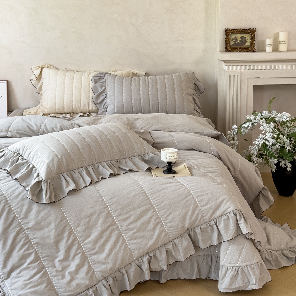 上喜 2025新款简约棉麻床盖夏被夏凉被空调被四件套 灰色