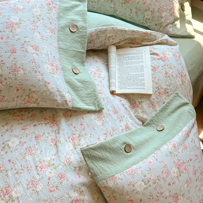 91家纺网 家纺一手货源 找家纺 爱彼家纺 2025新款亲肤舒适原麻亚麻水洗棉四件套-纽扣款 花似锦绿