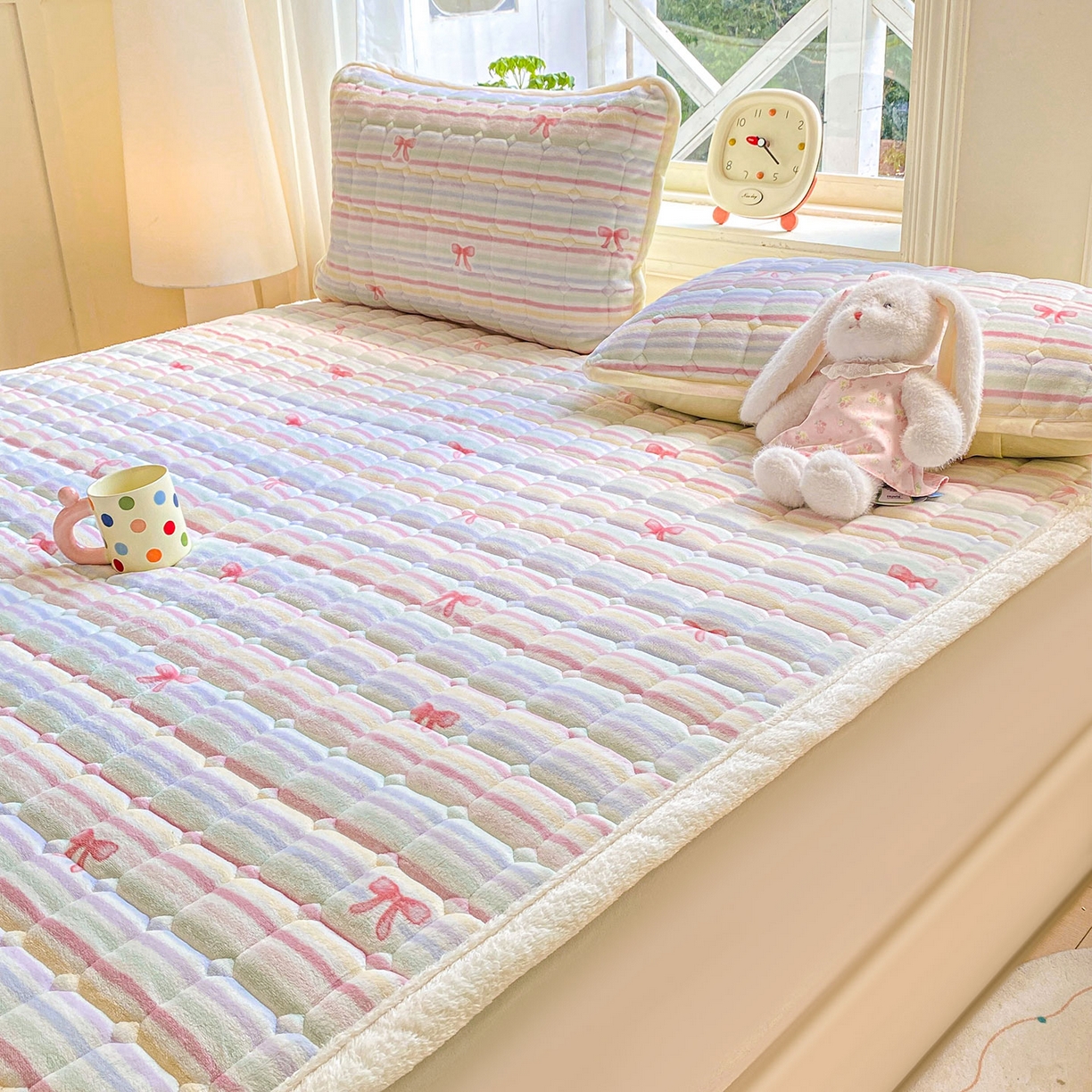 91家纺网 家纺一手货源 找家纺 眠势力 2025新款牛奶绒床垫加绒床褥子秋冬保暖珊瑚绒夹棉床护垫 彩虹旋律