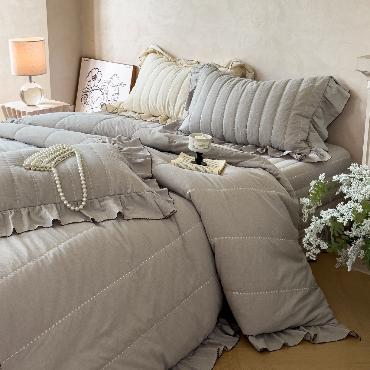 91家纺网 家纺一手货源 找家纺 上喜 2025新款简约棉麻床盖夏被夏凉被空调被四件套 灰色