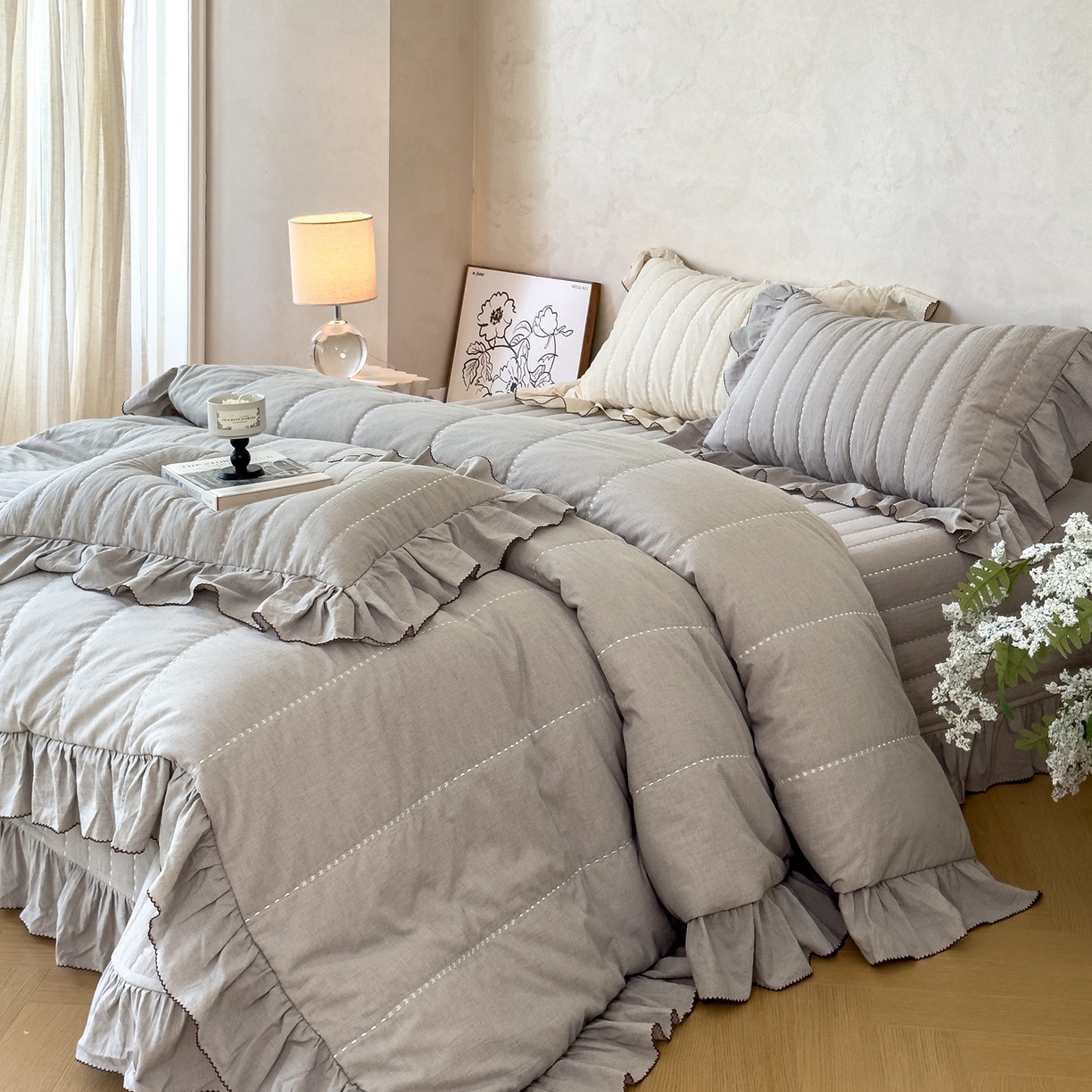 91家纺网 家纺一手货源 找家纺 上喜 2025新款简约棉麻床盖夏被夏凉被空调被四件套 灰色