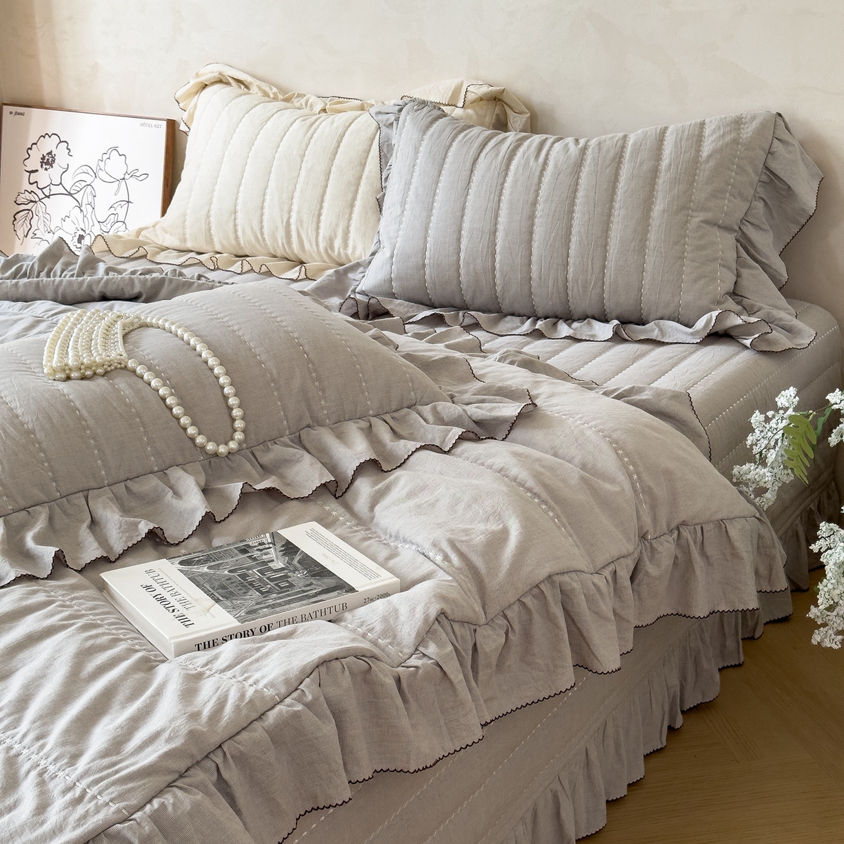 91家纺网 家纺一手货源 找家纺 上喜 2025新款简约棉麻床盖夏被夏凉被空调被四件套 灰色