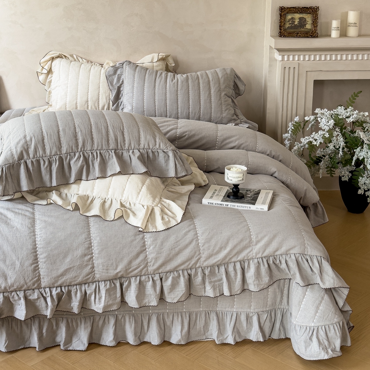 91家纺网 家纺一手货源 找家纺 上喜 2025新款简约棉麻床盖夏被夏凉被空调被四件套 灰色