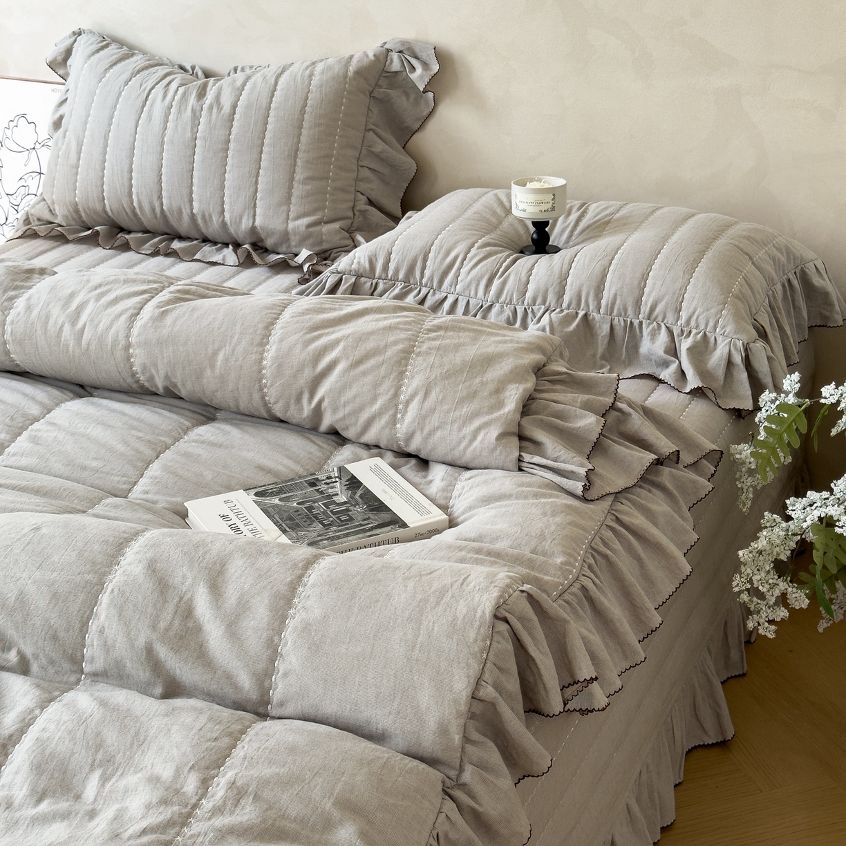 91家纺网 家纺一手货源 找家纺 上喜 2025新款简约棉麻床盖夏被夏凉被空调被四件套 灰色