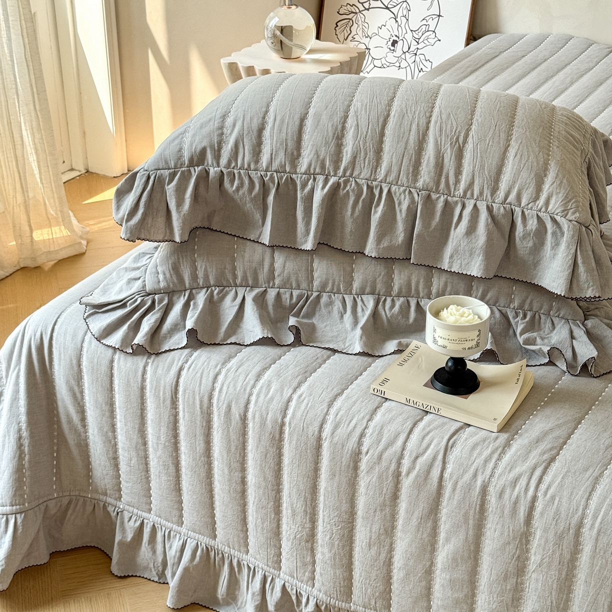 91家纺网 家纺一手货源 找家纺 上喜 2025新款简约棉麻床盖夏被夏凉被空调被四件套 灰色