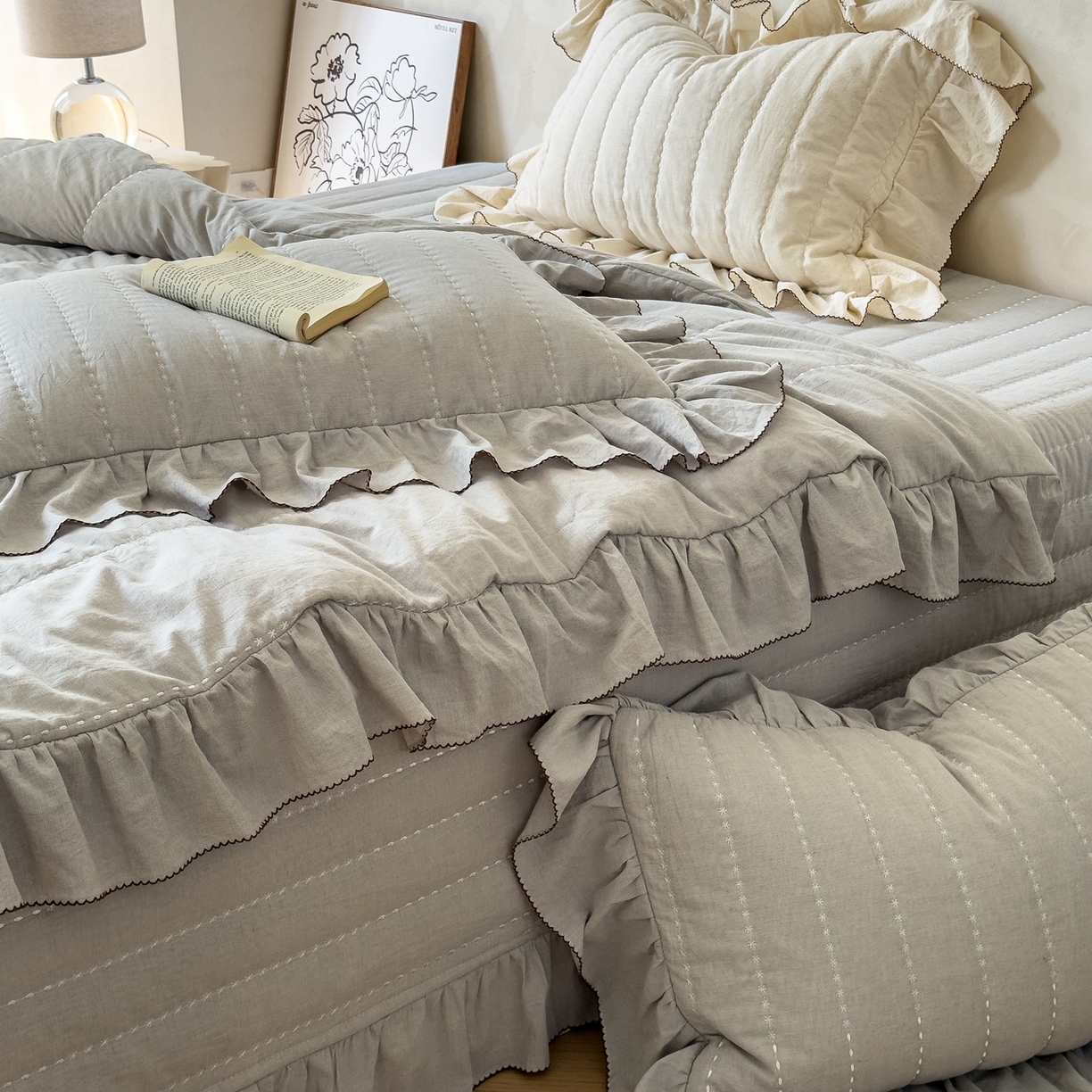 91家纺网 家纺一手货源 找家纺 上喜 2025新款简约棉麻床盖夏被夏凉被空调被四件套 灰色