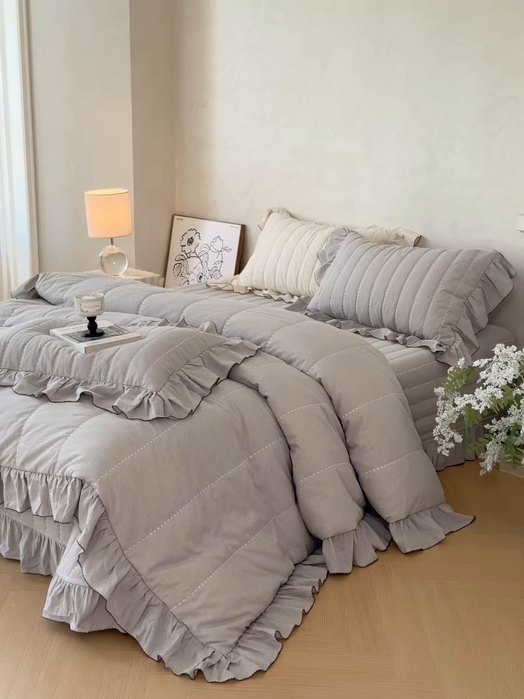 91家纺网 家纺一手货源 找家纺 上喜 2025新款简约棉麻床盖夏被夏凉被空调被四件套 灰色