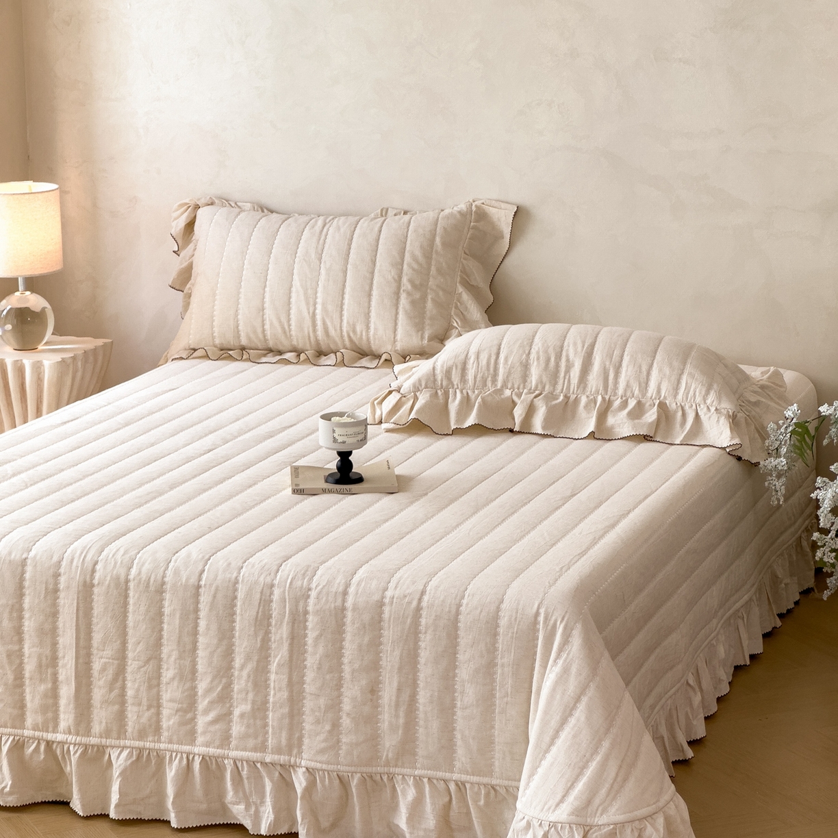 91家纺网 家纺一手货源 找家纺 上喜 2025新款简约棉麻床盖夏被夏凉被空调被四件套 咖色