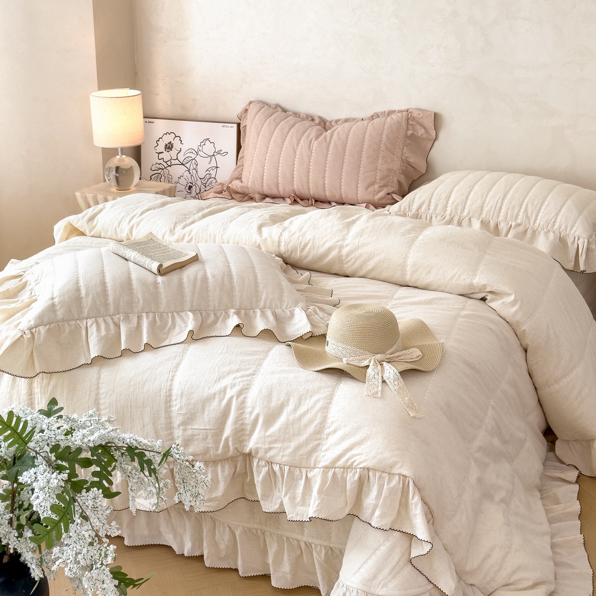 91家纺网 家纺一手货源 找家纺 上喜 2025新款简约棉麻床盖夏被夏凉被空调被四件套 咖色