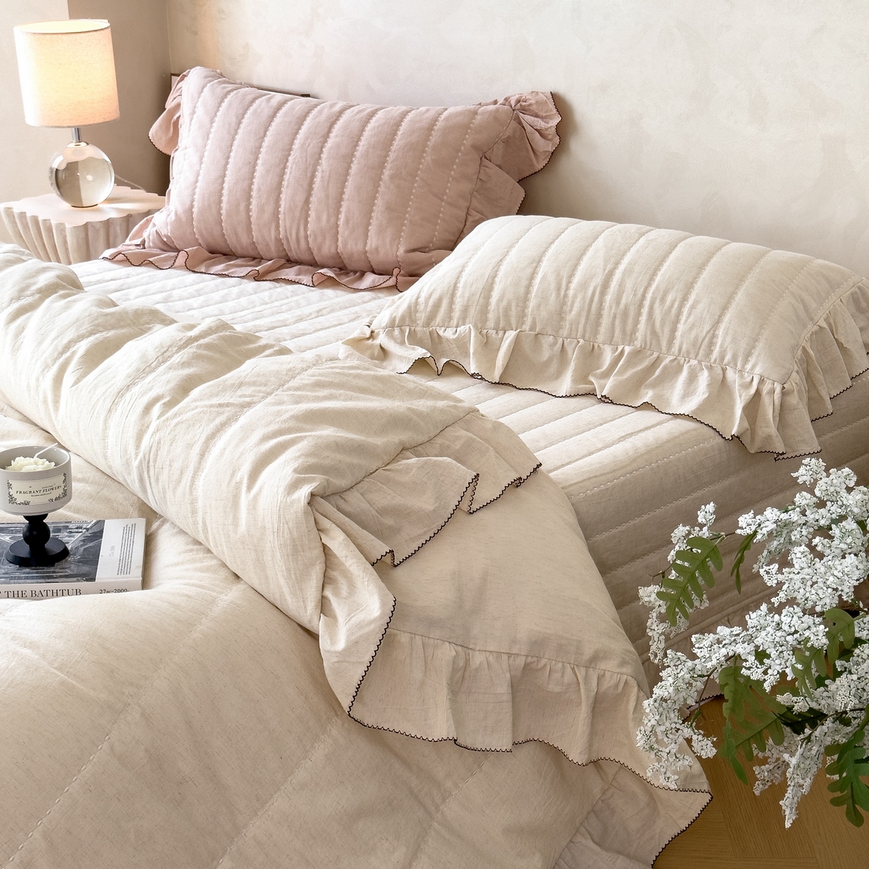 91家纺网 家纺一手货源 找家纺 上喜 2025新款简约棉麻床盖夏被夏凉被空调被四件套 咖色