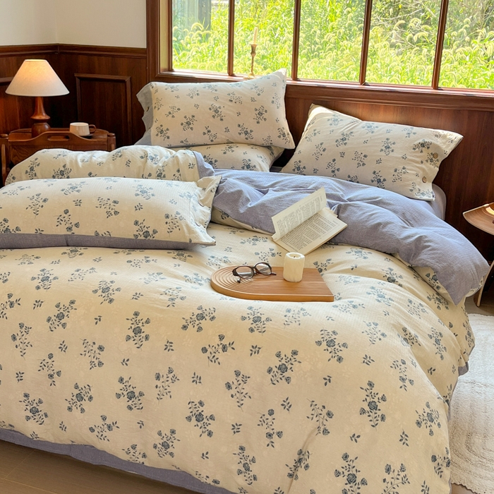 91家纺网 家纺一手货源 找家纺 爱彼家纺 2025新款亲肤舒适原麻亚麻水洗棉四件套-纽扣款 花语兰