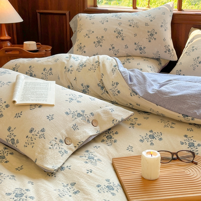 91家纺网 家纺一手货源 找家纺 爱彼家纺 2025新款亲肤舒适原麻亚麻水洗棉四件套-纽扣款 花语兰