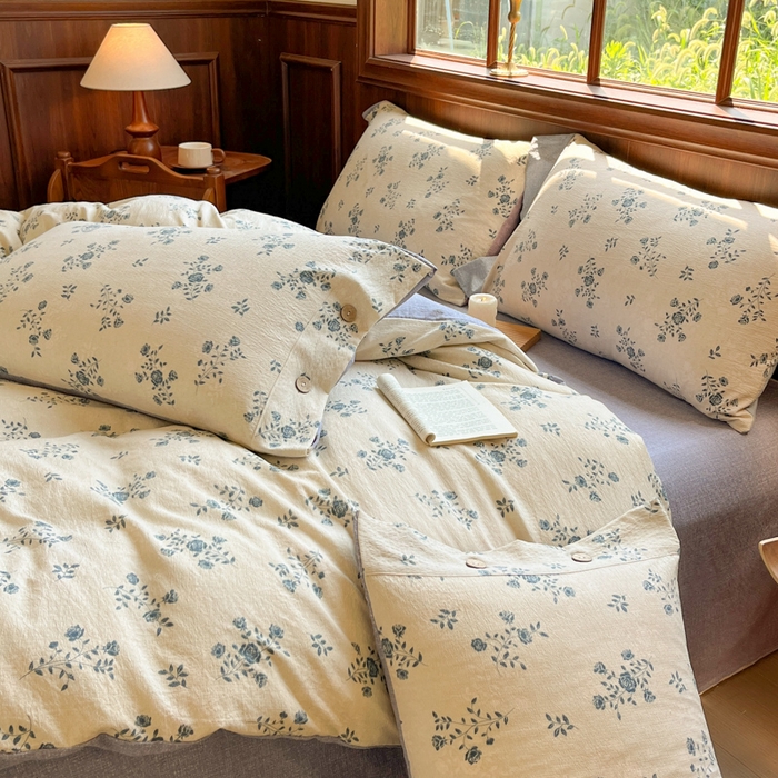 91家纺网 家纺一手货源 找家纺 爱彼家纺 2025新款亲肤舒适原麻亚麻水洗棉四件套-纽扣款 花语兰